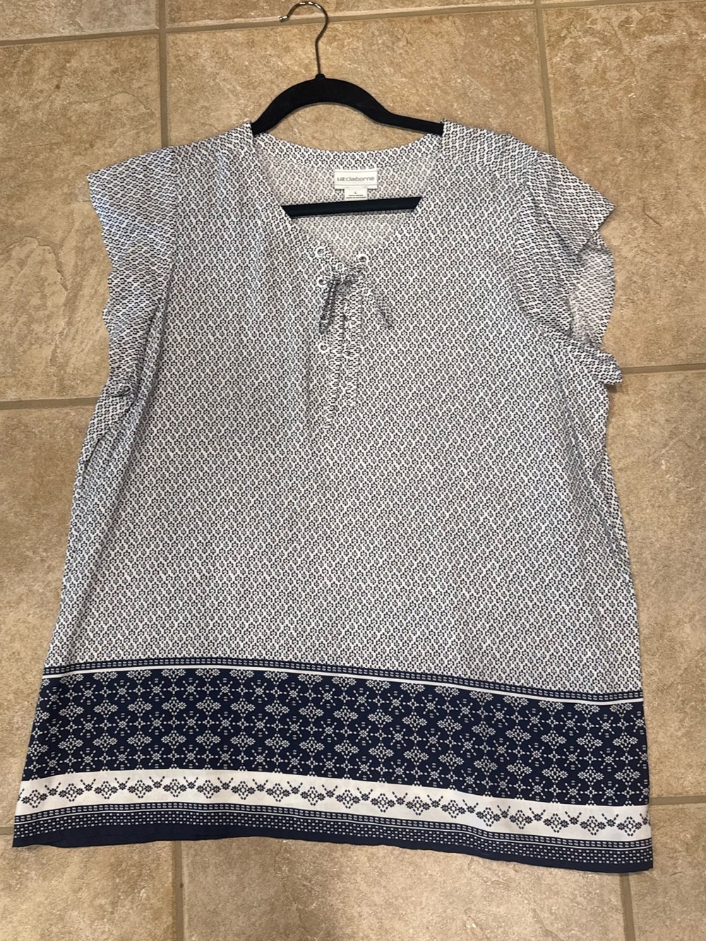 Liz Claiborne Navy and White Printed Tie-Front Blouse